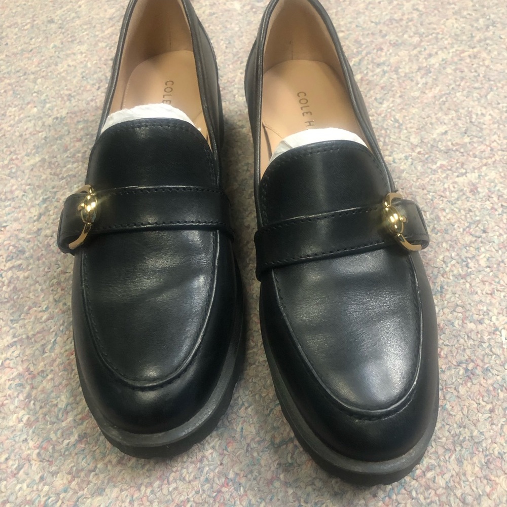 Cole Haan Black Leather Slip-On Loafers with Gold Buckle